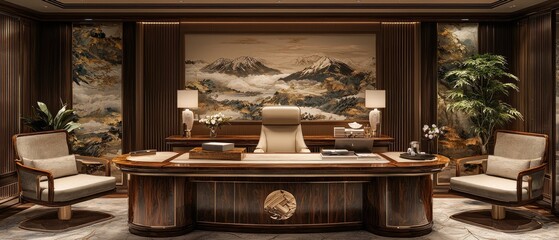 Luxurious office with large wooden desk, comfortable armchairs, and a calming landscape painting