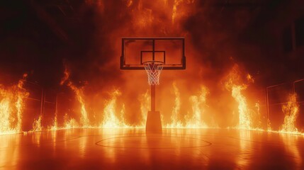 Fiery basketball hoop in a burning court. Possible use Abstract sports, digital art, 3D rendering