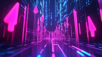 Abstract digital image with glowing pink arrows pointing upwards in a data stream