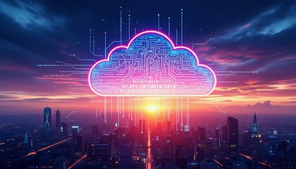 Fototapeta premium Digital Cloud Technology over Cityscape with Network Connections