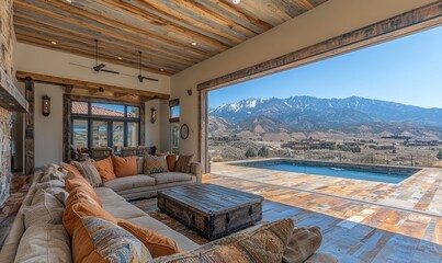Mountain view living room with pool and rustic decor