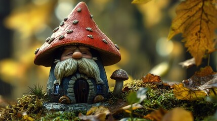 Autumnal Gnome Figurine Underneath Red Mushroom in Mossy Forest Setting