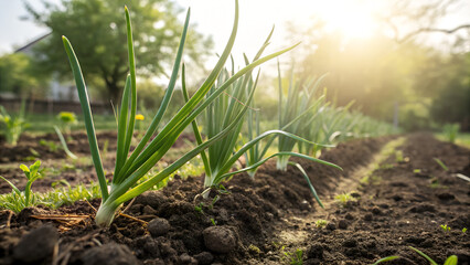 Young green onions growing in soil under sunlight, fresh organic vegetable garden, close-up of spring onion plants in natural environment