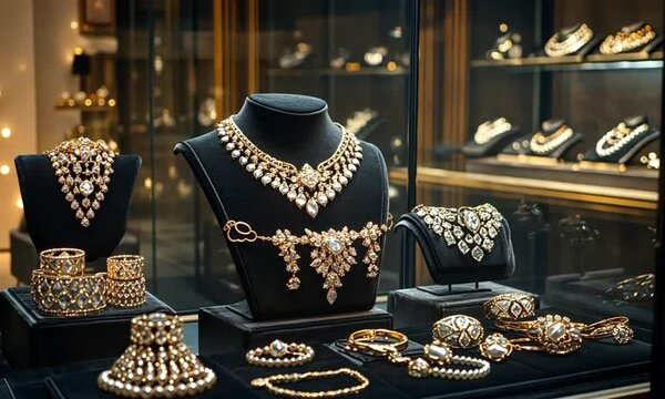 Display case featuring gold and diamond jewelry on black mannequins