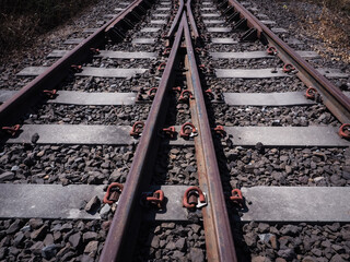 Close-up of train tracks for travel or transportation background. 