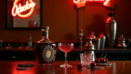 Elegant cherry liqueur bottle and a crystal glass on a retro-style bar counter with vintage accessories 