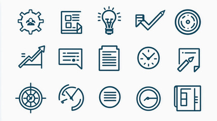 Vector line icons set representing workflow concepts, including process flow, efficiency, task management