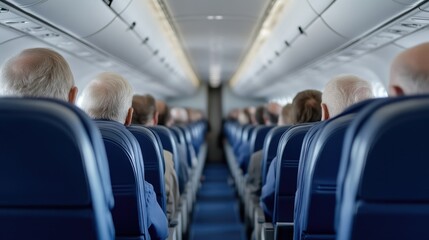 Fototapeta premium Full airplane cabin interior. Passengers seated