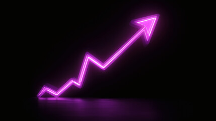 Vibrant Neon Purple Arrow Pointing Upward on Dark Reflective Surface Signifying Growth and Progress with Abstract Glowing Light