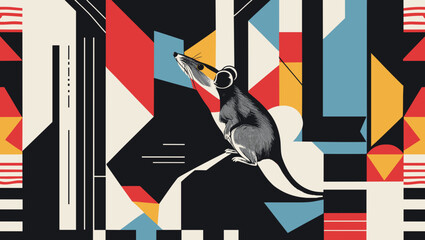 Abstract mouse illustration in a vibrant geometric design with colorful patterns