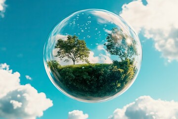 create an advertising banner white letters on top of it, featuring a large glass sphere containing a beautiful landscape, with green vegetation and water droplets floating inside the ballon,
