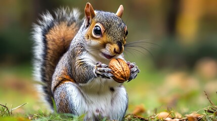 Obraz premium Closeup of a Fluffy Grey and Brown Squirrel Eating a Nut in a Lush Green Autumn Setting