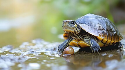 Obraz premium Small Yellow Bellied Turtle on a Wet Rock Near a Pond