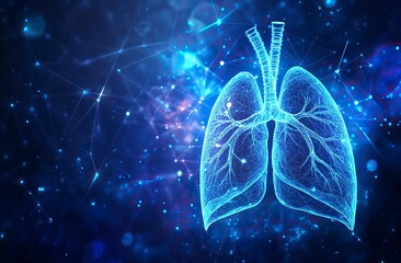 Developed in a laboratory, CTS human lungs on a dark blue background, with glowing lines and dots. A vector illustration representing a technology concept for digital medical healthcare business websi