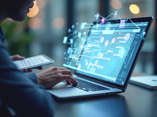 A high tech office with a team discussing cloud computing strategies on digital whiteboards showcasing seamless and connectivity