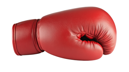 A vibrant red boxing glove designed for training and competition, showcasing its padded surface and distinctive contours.