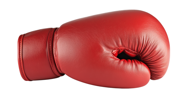 A vibrant red boxing glove designed for training and competition, showcasing its padded surface and distinctive contours.