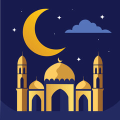 Illustration of ramadan mosque background night view with moon and star