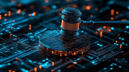 A digital gavel rests on a futuristic circuit board, symbolizing the intersection of law and technology in a modern context.