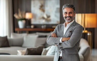 Editorial eye-level, waist-up shot of a man in his forties, wearing a grey suit, arms crossed and smiling, looking at the camera, standing against a modern living room. Realistic photography style,