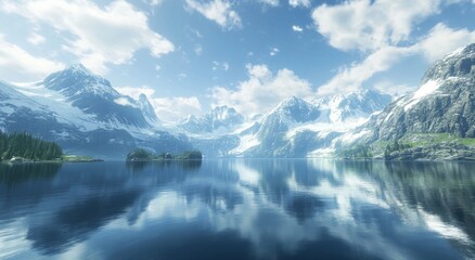 Naklejka premium Serene fjord, snow-capped mountains, calm waters, sunny sky, travel brochure