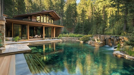 Fototapeta premium Luxury home with swimming pool and waterfall surrounded by lush green forest trees
