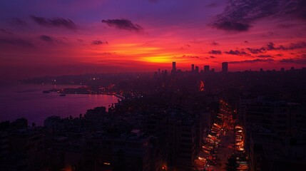 Dramatic sunset illuminates a cityscape along the coastline at dusk