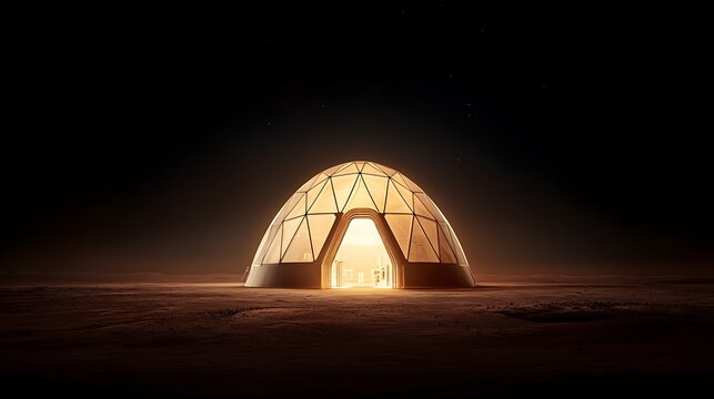 Illuminated geodesic dome with desert night.