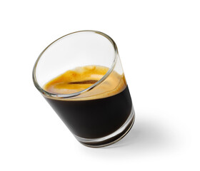 Small glass coffee angling, dark espresso revealing golden crema layer, isolated on white background