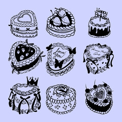 Collection Of Heartshaped And Round Cakes With Decorations