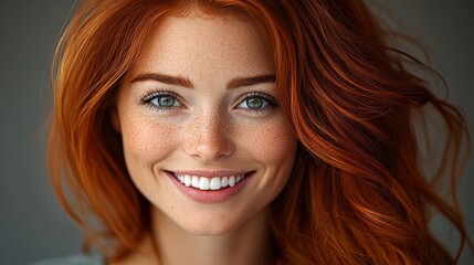 Fototapeta premium A woman with red hair and green eyes is smiling. She has a lot of hair and is wearing a white shirt