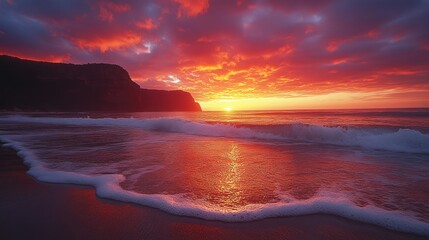 Obraz premium Fiery Sunset Over Ocean Beach