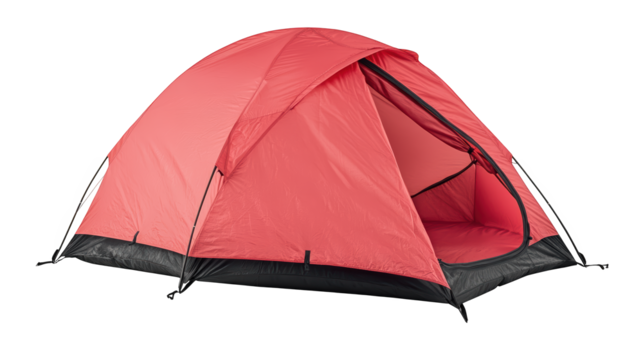 A vibrant red tent featuring a spacious entrance, designed for outdoor camping and adventure.