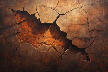 Fototapeta premium Abstract painting depicting a cracked, textured surface with warm, earthy tones evoking feelings of age and decay.