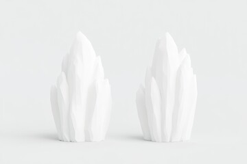 Two abstract, sculpted, white, crystalline forms