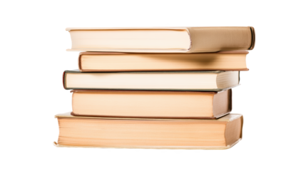 A stack of five closed books displaying varying sizes, highlighting their spines and edges with a classic, timeless appearance.