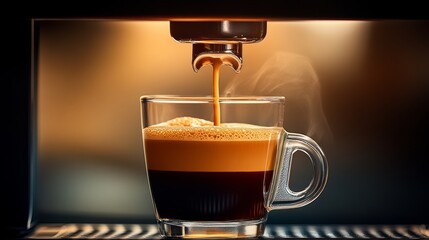 A glass of coffee is pouring out of a coffee maker. The coffee is brown and has a rich aroma