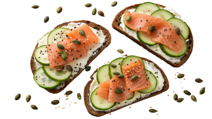 toasts with rye bread with cream cheese  salmon  on white background PNG