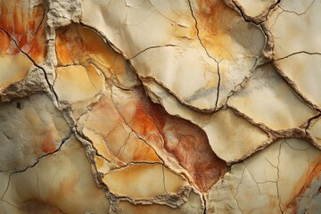 Fototapeta premium Cracked earth texture with beige and orange tones, showing intricate patterns of erosion and weathering.