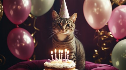 Celebrating a beloved cat's birthday party with colorful balloons and a delicious cake adorned with candles