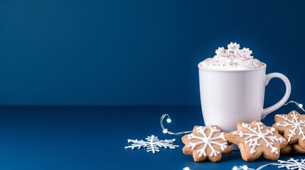 Hot cocoa and snowflake cookies on blue background