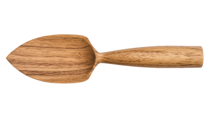 A wooden garden trowel with a pointed blade and a sturdy handle, designed for planting and transplanting small plants.