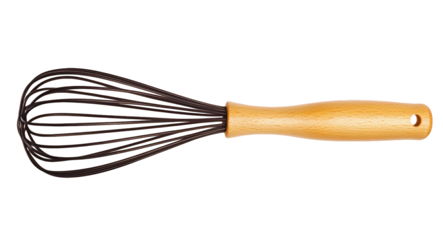 A kitchen whisk with a wooden handle and metal wires, used for mixing and blending ingredients effectively.