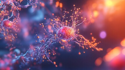 Obraz premium Abstract Cellular Network with Glowing Nodes and Interconnected Pathways Complex Biological Structure