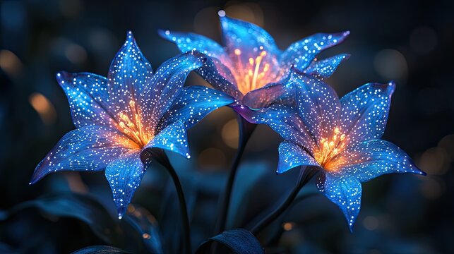 Glowing blue lilies in dark night.  Possible stock photo use