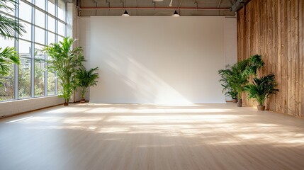 Bright Empty Studio with Plants and Wooden Floorboards for Photography
