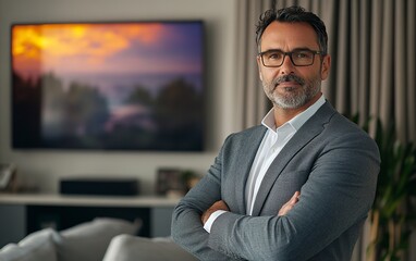 Obraz premium Eye-level, waist-up shot of a man in his forties, wearing a gray suit and white shirt, arms crossed, looking at the camera and standing against a living room wall with a flat-screen TV behind him.