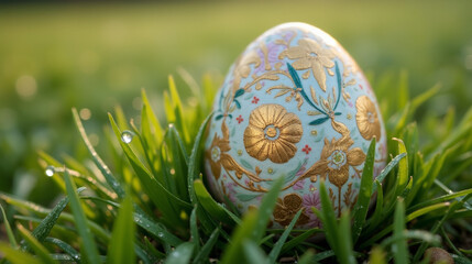 A beautifully detailed Easter egg with intricate floral patterns rests among fresh grass in the soft morning light.