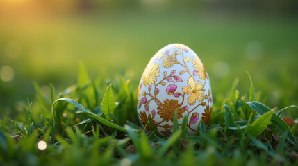 A beautifully detailed Easter egg with intricate floral patterns rests among fresh grass in the soft morning light.