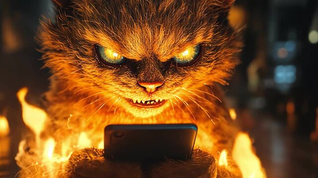 Intense fiery cat with glowing expression fixates on smartphone, surrounded by flames, radiating captivating energy.